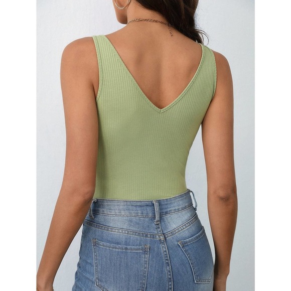 Solid Ribbed Knit Tank Top double v neck minimalist black - Picture 5 of 11